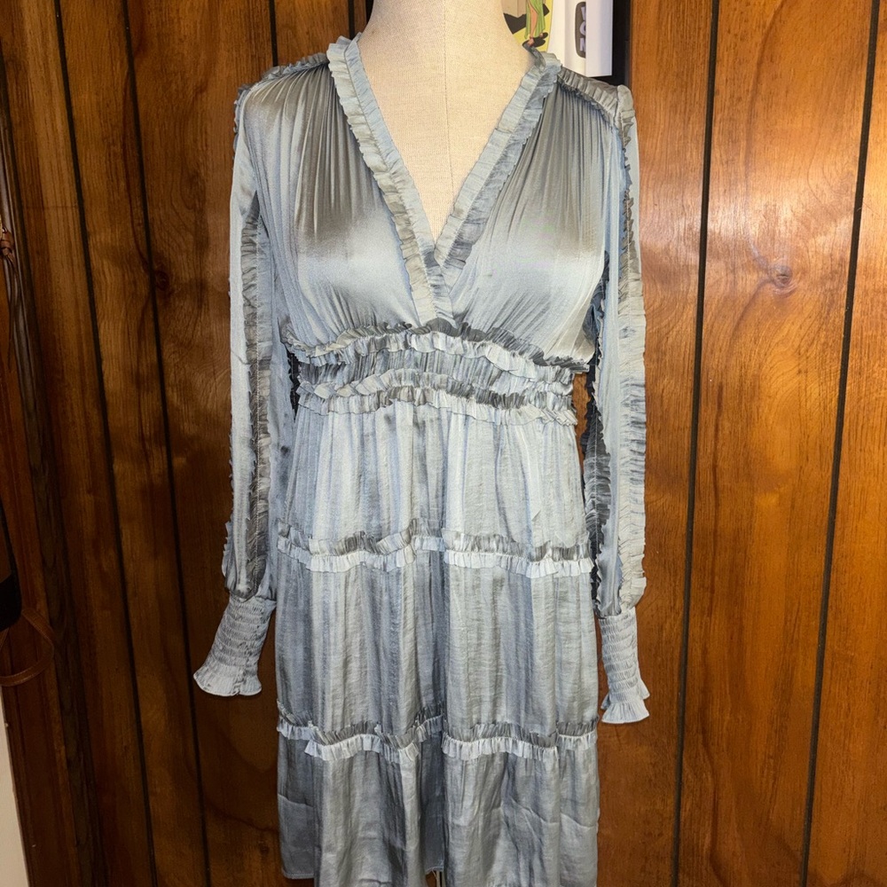 Silk Long Sleeve Ruffled Dress in Light Blue